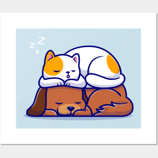 Cute Cat And Dog Sleeping Together Cartoon Posters and Art